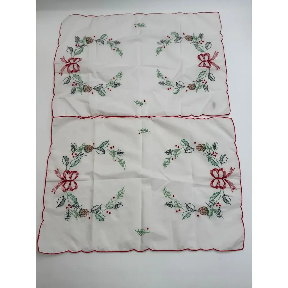Vintage Hand Embroidered Christmas Dresser Scarves Wreath Holly Set of 2